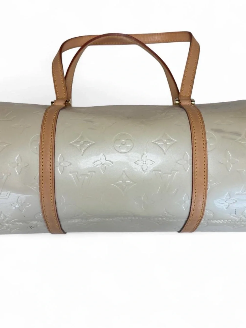 Louis Vuitton White Vernis Monogram Barrel Shoulder Bag with Tan Straps